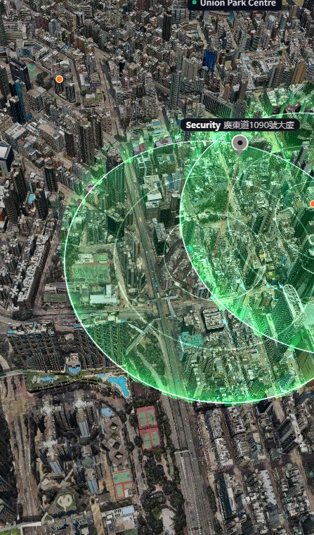 Aerial 3D map showing a 300 metre geofence around an incident with at-risk buildings highlighted