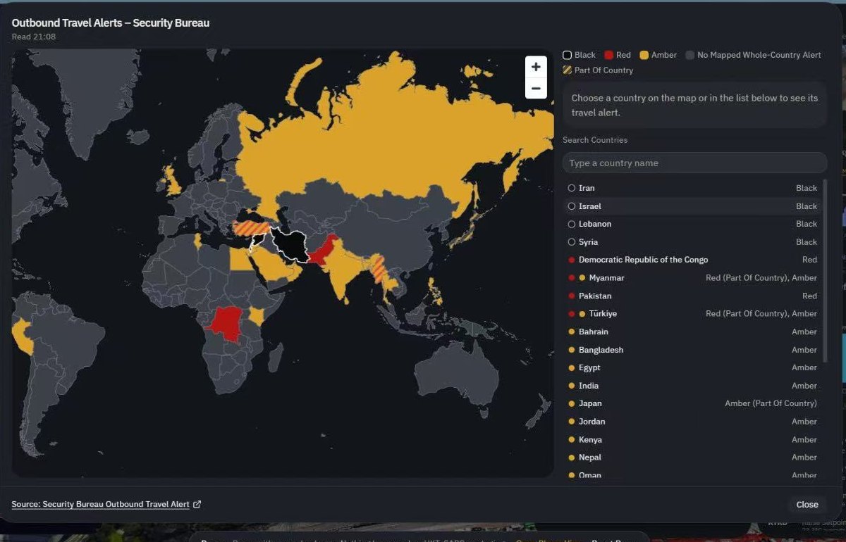 Official outbound travel alerts and travel-condition warnings shown inside the WE Control operational view