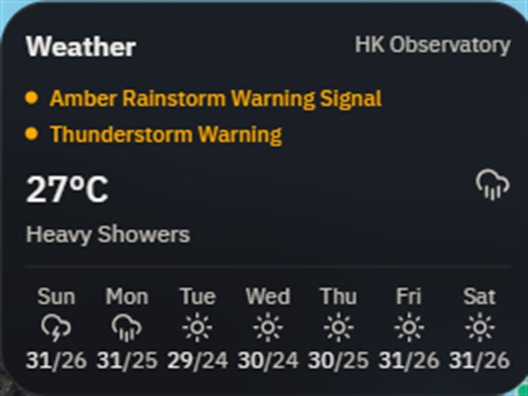 Official weather warning signals and a seven-day forecast inside the WE Control operations view